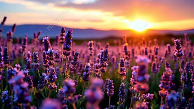 Vibrant lavender field blooms under stunning sunset creating serene landscape filled with purple hues and beauty of nature