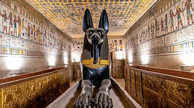 Ancient Egyptian tomb with Anubis statue and hieroglyphics