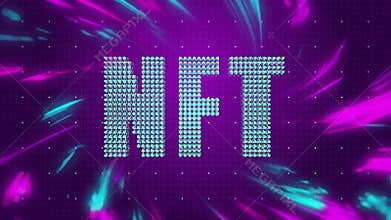 Particles drifting amid magenta teal streaks forming pulsing cyan sphere letters visualizing NFT