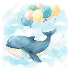 An adorable baby clip art composition with a flying whale and balloons. Children stock image.