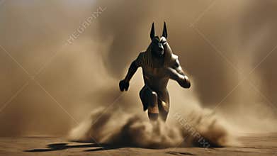 Mystical Anubis emerges from swirling sands in an ancient desert setting, evoking the power of Egyptian mythology