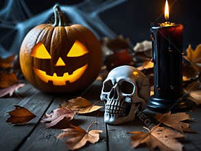 Halloween Still Life with Jack-o'-Lantern, Skull, and Candles