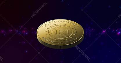 On load golden NFT coin rotating around vertical axis showcasing crypto details in digital space