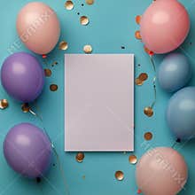 Colorful Balloons and Blank Sheet on a Blue Background for Decorating Parties and Celebrations