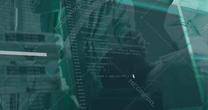 Clinician lifting mask over patient for giving anesthesia with code overlay flowing then fading