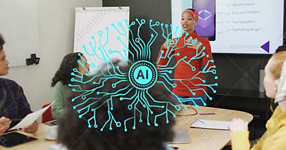 Presenter introducing agenda by pointing at animated bullets with team nodding in business meeting