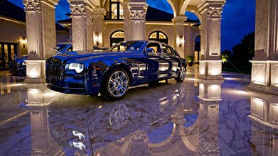 AI-generated luxury car parked beneath grand marble pillars of lavish mansion at night