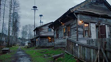 Abandoned house in a snowy, eerie landscape.