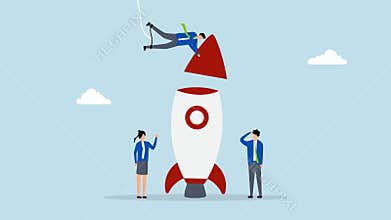 Build startup company, 4k animation of Innovative businessman and woman colleagues assist one another in constructing rocket