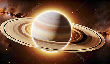 Epic Saturn in Cosmic Glory: Rings of Gold and Stardust