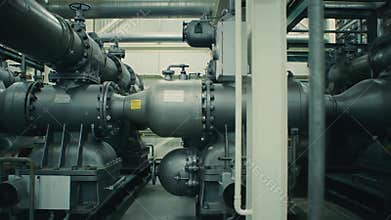 Detailed Close Up of Gray Industrial Pipes and Machinery Inside a Nuclear Energy Facility for Illustrating Complex Engineering and