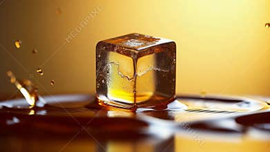 Slow motion capture of ice cube gracefully falling into rich brandy for a striking visual experience