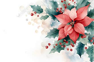 Christmas Watercolor Background with Poinsettia and Holly Decoration AI-generated
