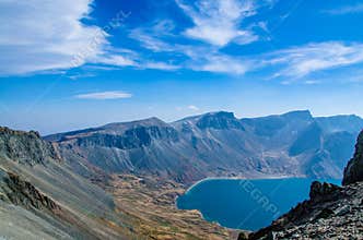 Volcanic rocky mountains and lake Tianchi, Changbaishan, China