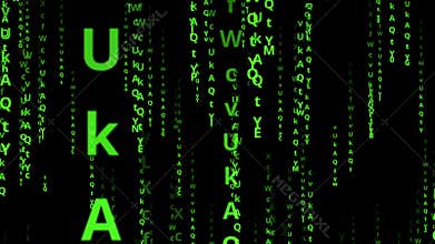 Glowing digits and alphabet of matrix code falling on a black background.
