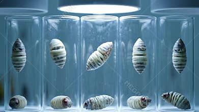 Maggots in Clear Vials Under Bright Light for Scientific Analysis of Insect Larvae and Decomposition Process Demonstrating Medical