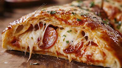 Closeup Shows a Slice of Savory Pepperoni Stromboli on Wood