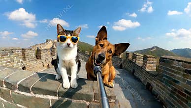 Cat with sunglasses and dog take a selfie on the Great Wall of China on a sunny day trip