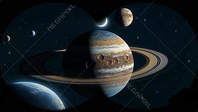 Binocular view showcases saturn and its rings along with various moons in a dark space setting
