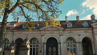 Architectural facade of a historic building with arched windows and a tree in the foreground