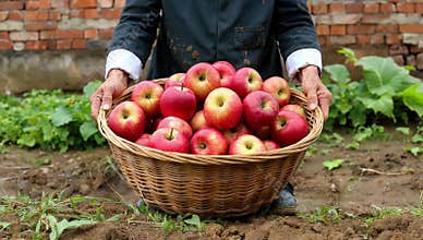 Person holding a basket full of freshly picked red apples in an orchard during harvest season