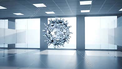 Realistic Viruses Animation in Light Blue Toned Office Room with Window Frames Interior Design for Medical, Educational, Research