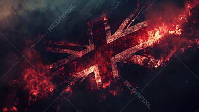 Union Jack in Flames With Smoke and Dark Background, Symbol of United Kingdom
