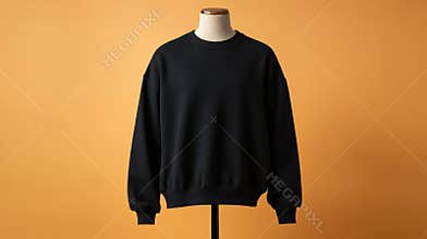 Black Oversized Sweatshirt Displayed on Mannequin Against Orange Backdrop Indoors