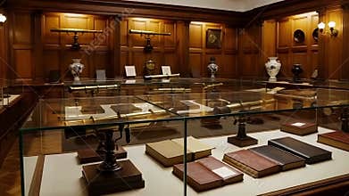 History museum with vintage artifacts, wooden flooring, and ambient lights