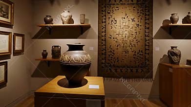 Cultural museum interior with artifacts, neutral walls, and dramatic lighting