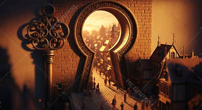 An Ornate Antique Key Beside a Giant Keyhole Revealing a Hidden City