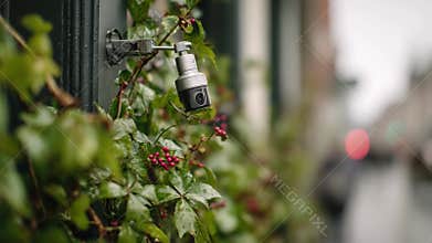 Medium shot of an innovative microclimate monitoring unit installed near urban greenery tracking dynamic changes in