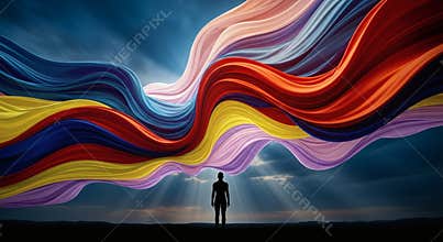 A lone human silhouette stands before a surreal sky filled with magnificent flowing waves of abstract color