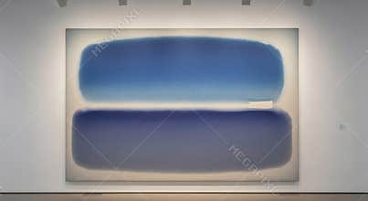 Abstract Blue and White Painting on Display in a Modern Art Gallery