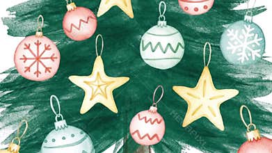 Close-up illustration of a christmas tree with colorful baubles and stars. The hand-drawn, artistic style creates a gentle festive