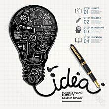 Business doodles icons set. Ink shaped light bulb