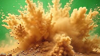 Against a pure green background, explode sand blast storm rages with force, blasting swirling sand Generative AI