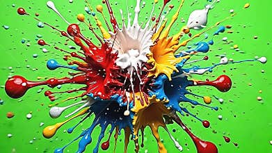 A vivid explode paint drop canvas unfolds as paint droplets scatter wildly over a pure green background, Generative AI