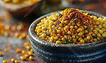 Close Up Of A Bowl Filled With Savory Spiced Chickpeas With Shallow Depth Of Field