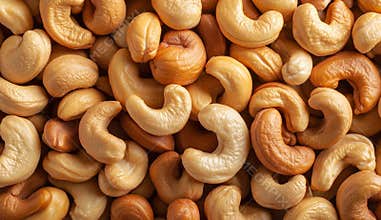 Many tasty cashew nuts as background, top view
