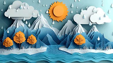 Water cycle process: natural circulation, rain formation, vapor rise, cloud creation, droplet condensation, atmosphere balance,