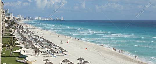 View of beach and Caribbean Sea in Cancun, Mexico