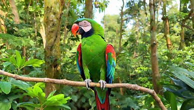 Vibrant macaw perched on a branch displays its colorful plumage in a lush tropical forest