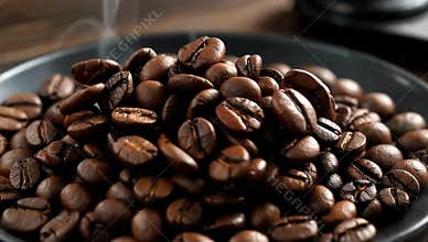 Aromatic coffee beans freshly roasted and steaming on a dark plate ready for brewing coffee