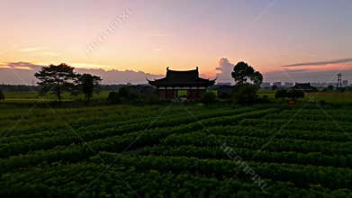 Traditional Pavilion Situated Amid Expansive Green Fields Beneath a Sunset Sky