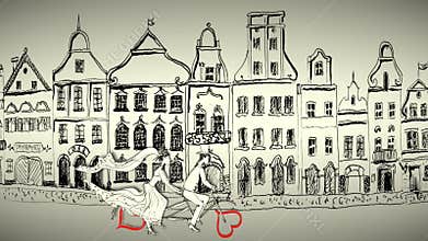 Bride and groom riding bicycle.