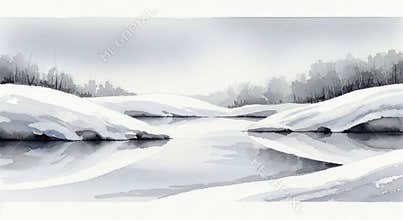 Minimalist watercolor art of a calm winter river landscape