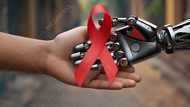 Human Hand Robotic Hand Holding Red Ribbon Unity AI Humanity Fighting AIDS