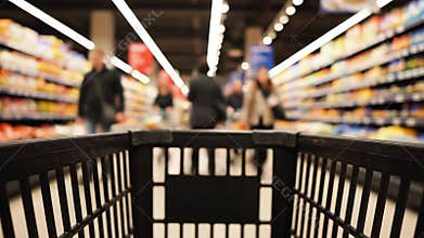 POV from Shopping Cart in Crowded Supermarket Aisle
