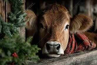 A Holstein cow with Christmas bell and wreath in warm stable